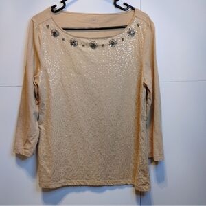LOFT Embellished Sequin Jewel Neck 3/4 Sleeve Top Large